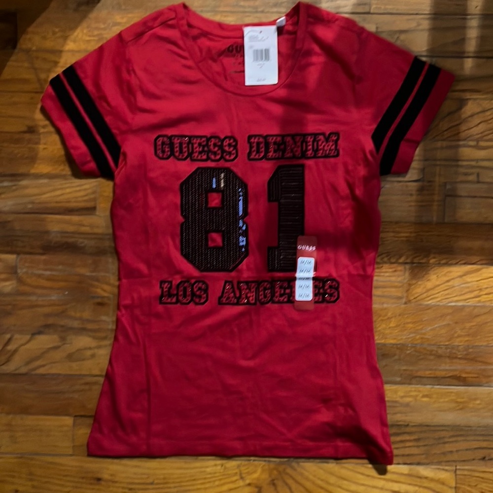 GUESS Los Angeles Gamma Football Tee - Women size M Red and black